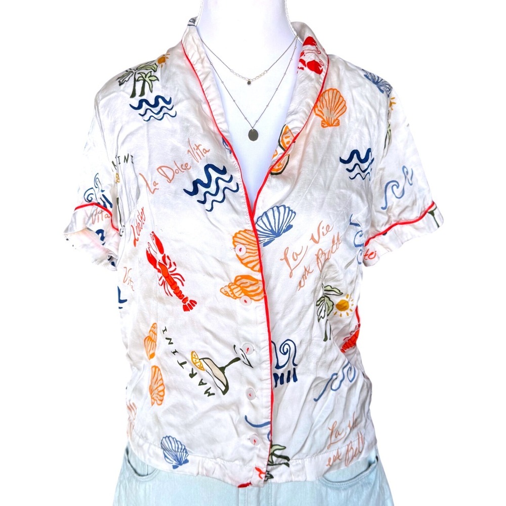 Anthropologie Silky Pattern Pajama Top Coastal Button Down Lobster Martini XS
